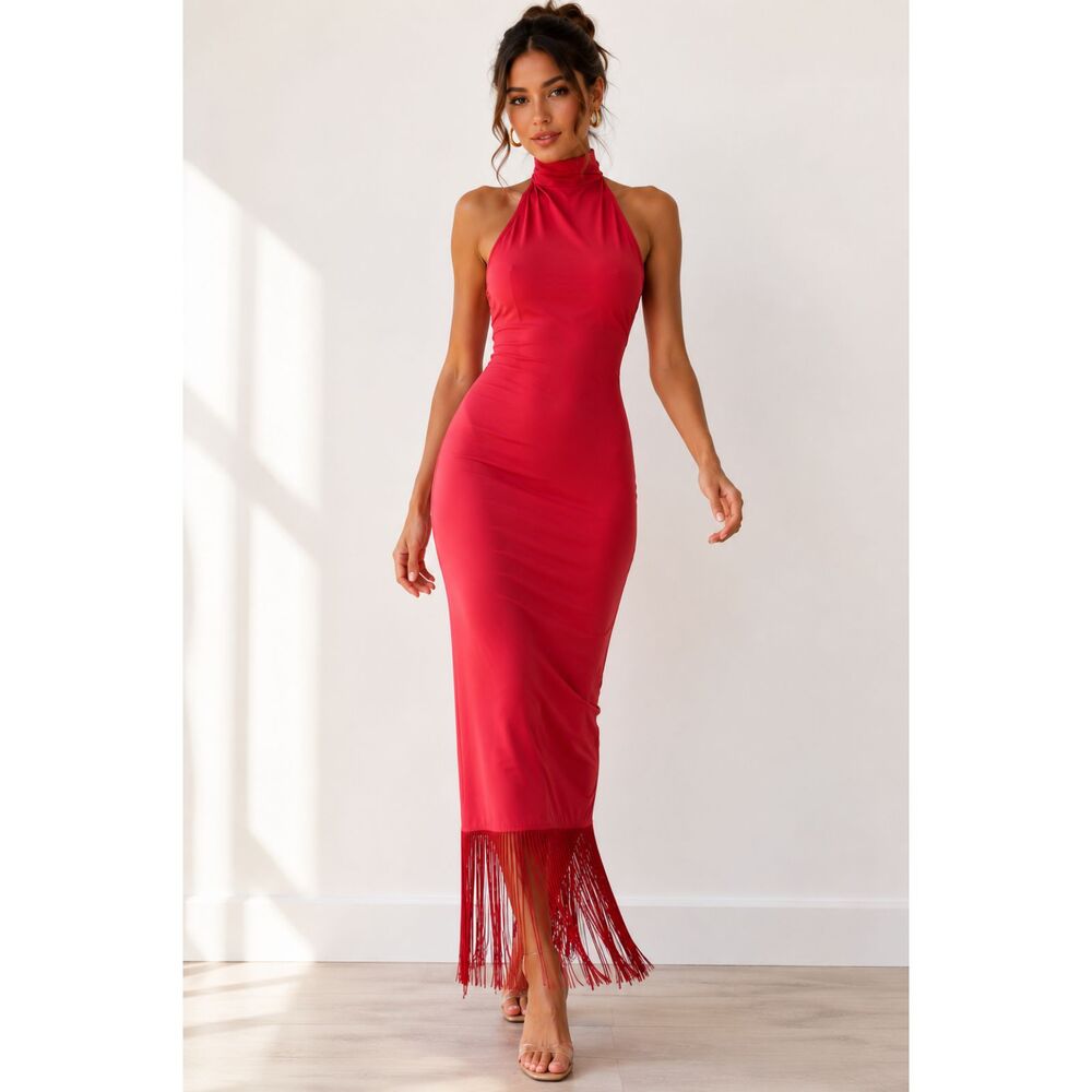 Red Halter Neck Fringe Hem Maxi Dress XS Bodycon Cocktail Salsa Latin Dance Glam